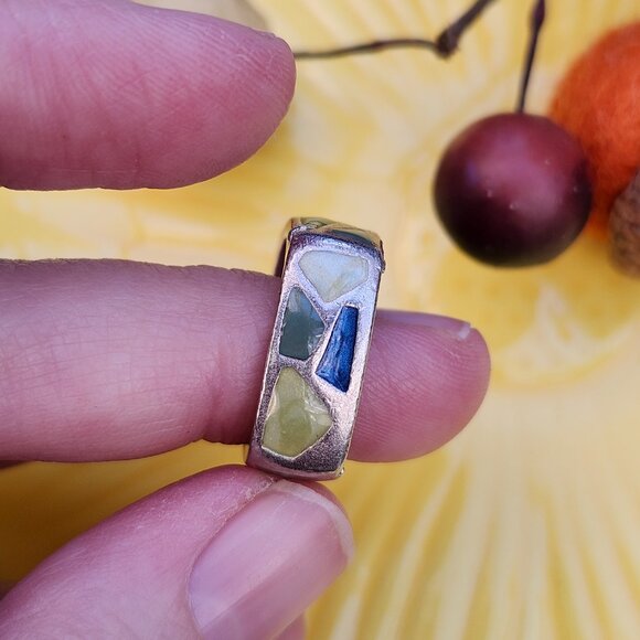 Vintage 1970's Artisan Made Sterling Silver Geometric Square Ring with Enamel - Picture 3 of 11